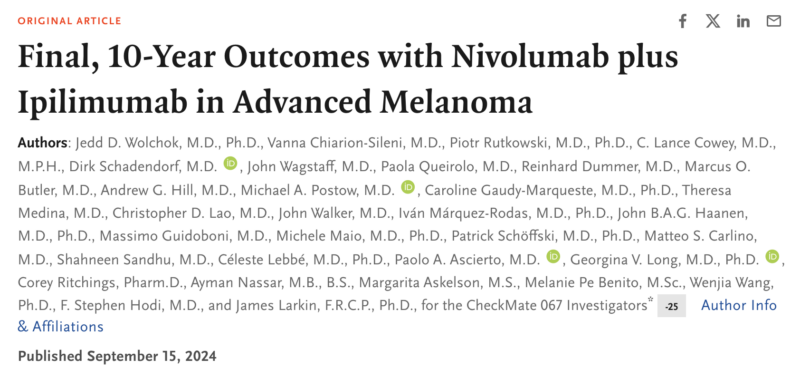 Median overall survival in melanoma with nivolumab plus ipilimumab presented at ESMO24 - NEJM